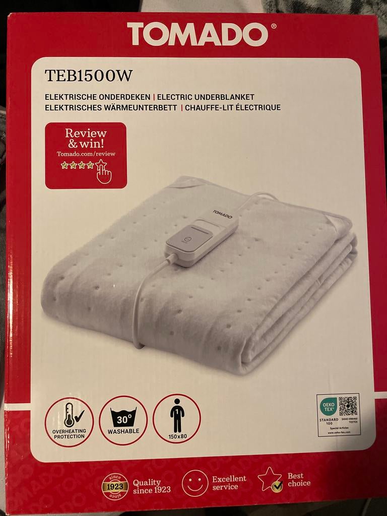 Tomado elektrische onderdeken TEB1500W, Eenpersoons, Wit, Nieuw, Ophalen of Verzenden