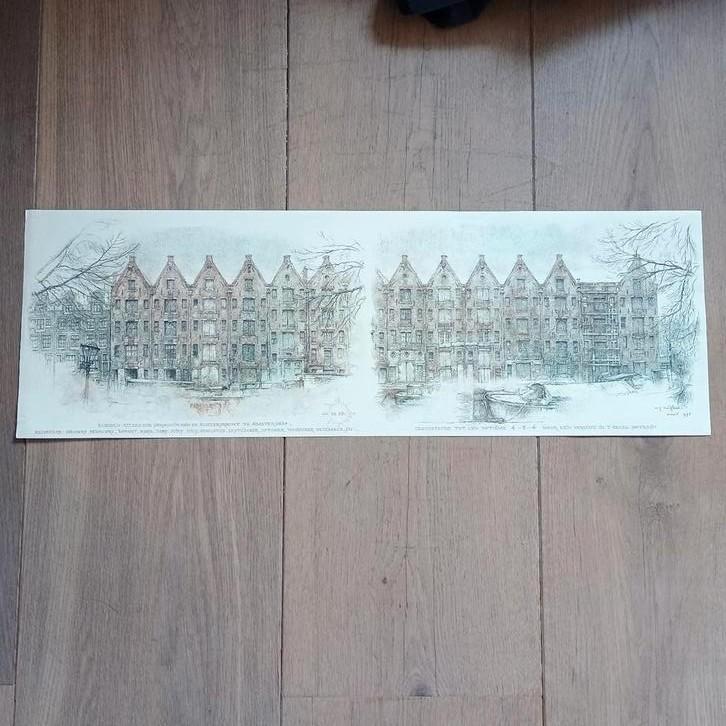 Reproductie grachtenhuizen Amsterdam - Willem G. Hofker, Antiek en Kunst, Kunst | Tekeningen en Foto's, Ophalen of Verzenden