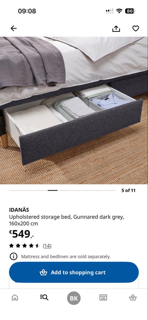 IDANÄS Gestoffeerd bed met opbergruimte, donkergrijs, 160x20, Ophalen, Tweepersoons, Zo goed als nieuw, 200 cm