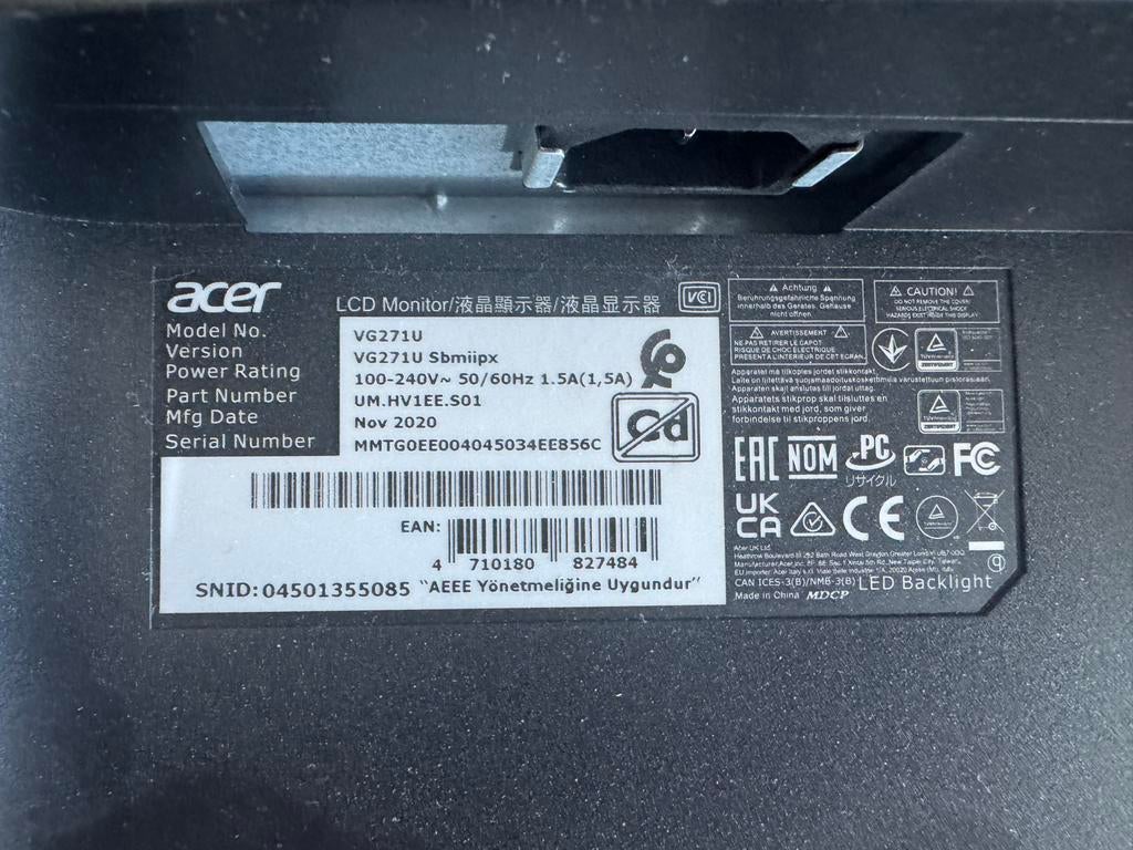 27" Acer Nitro VG271U Sbmiipx Quad HD Gaming Monitor, Computers en Software, Monitoren, IPS, 101 t/m 150 Hz, Zo goed als nieuw