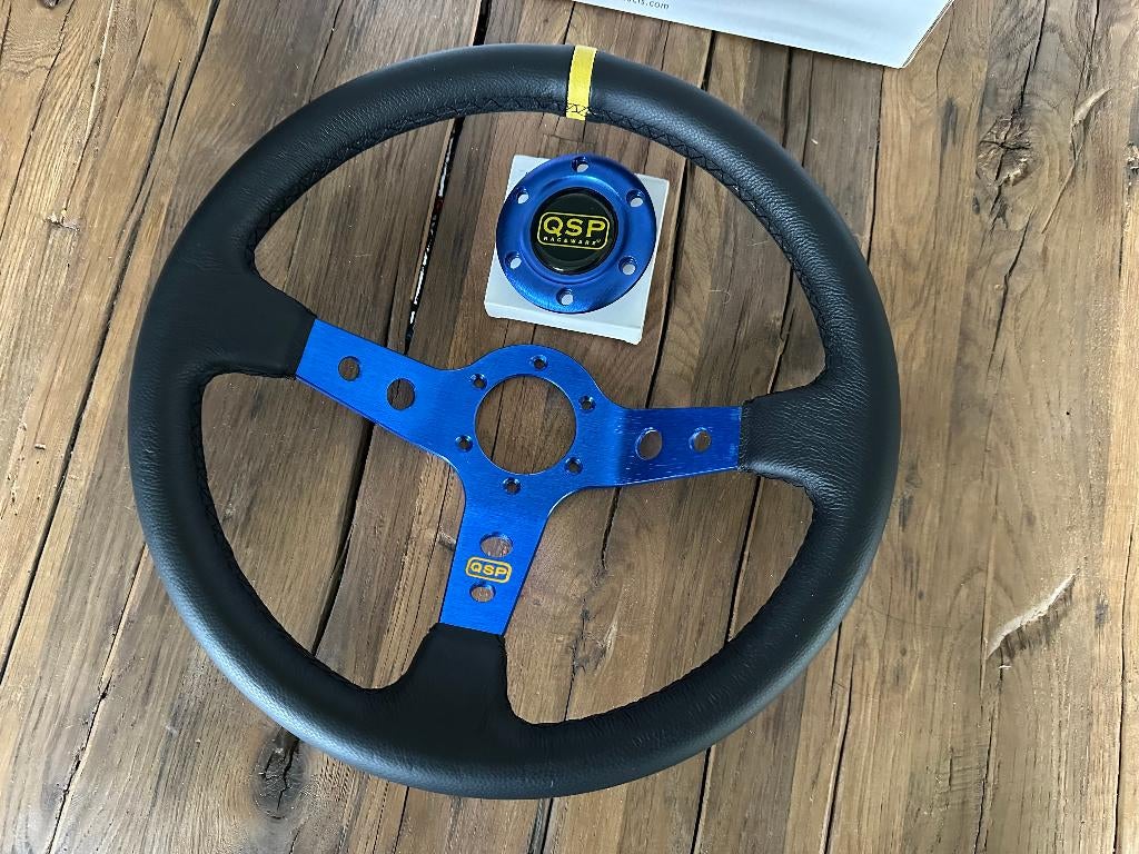 QSP 350mm 90mm leder blauw sportstuur autostuur stuur, Ophalen of Verzenden