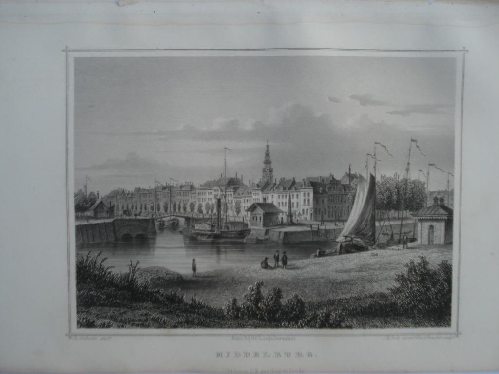 092 Middelburg De Haven Staalgravure 1860, Antiek en Kunst, Kunst | Etsen en Gravures, Ophalen of Verzenden