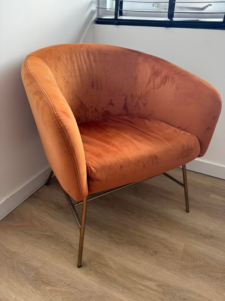 Oranje velvet fauteuil, Ophalen, Zo goed als nieuw, 75 tot 100 cm, 50 tot 75 cm