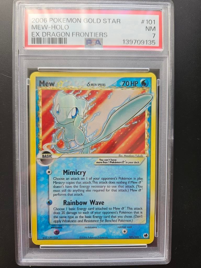 Mew gold star 101/101 PSA 7 NM, Ophalen of Verzenden, Zo goed als nieuw, Losse kaart, Foil