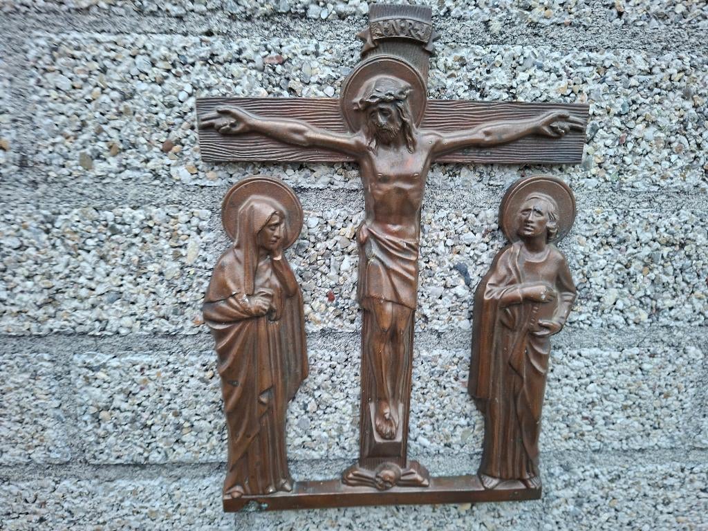 antiek brons crucifix van gekruisigde christus met maria, Ophalen of Verzenden