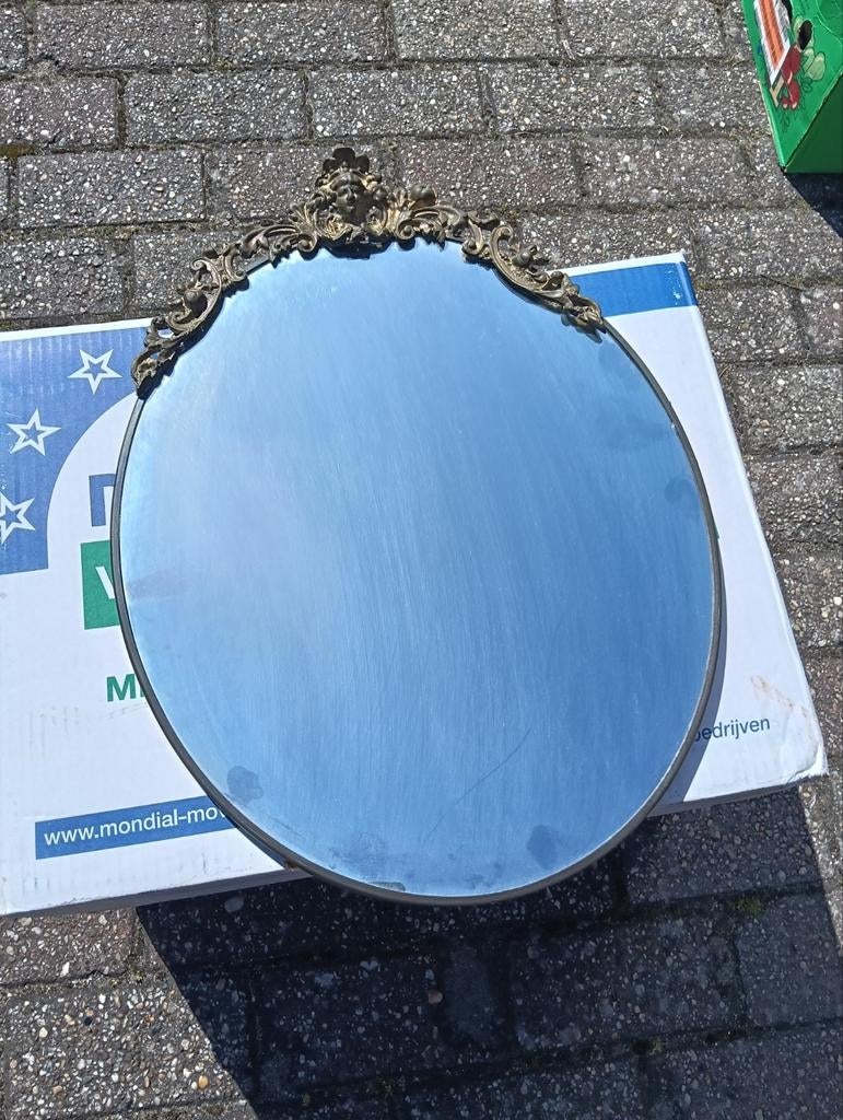 Antieke koperen spiegel, Ophalen, Ovaal, Minder dan 50 cm, Minder dan 100 cm