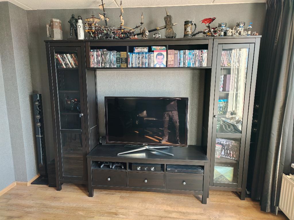 Houten TV meubel met lades en vitrinekast, Huis en Inrichting, Kasten | Televisiemeubels, Ophalen, Gebruikt, 200 cm of meer, 200 cm of meer