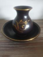 Vintage Zwart Aardewerk Vaasje en Schaaltje met Gouden Rand, Ophalen of Verzenden