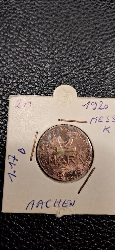 Duits notgeld 2 mark 1920 Aachen mess., Ophalen of Verzenden, Duitsland
