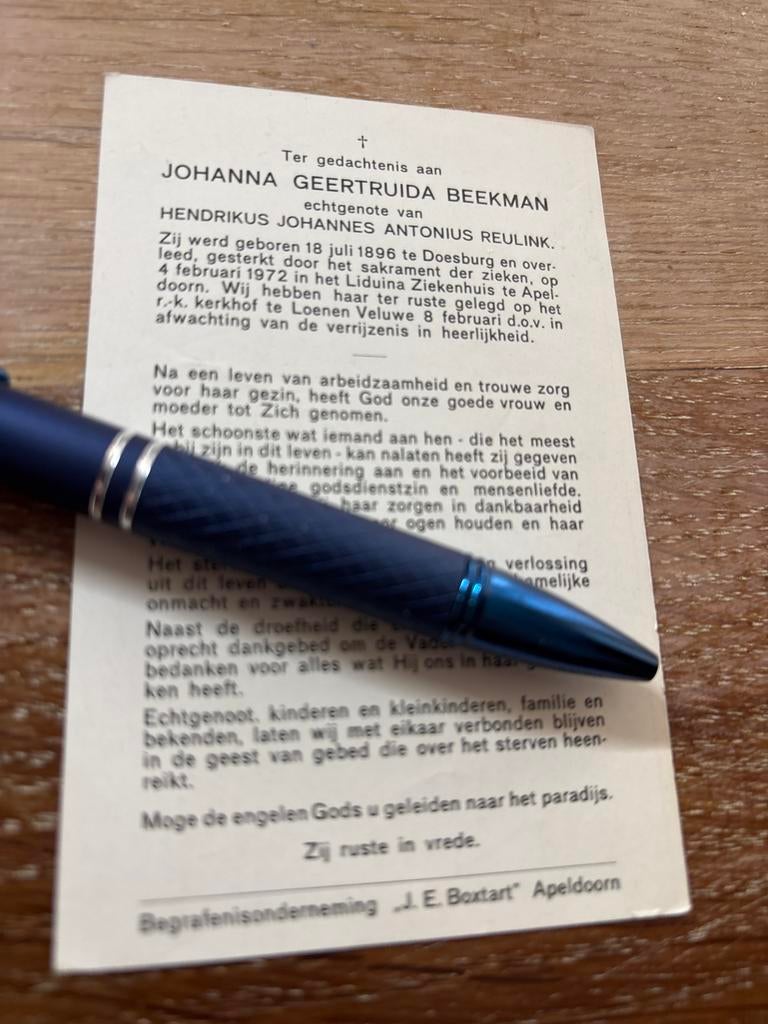 Beekman Johanna Doesburg 1972 Apeldoorn Loenen x Reulink, Ophalen of Verzenden, Bidprentje