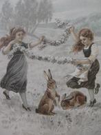 Antieke Kaart - Kinderen met Bloemenslinger / Konijn, Verzenden, Voor 1920, Ongelopen, Kinderen