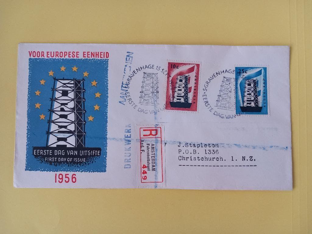 1956 Europazegels FDC E27 met open klep e3, Postzegels en Munten, Postzegels | Eerstedagenveloppen, Verzenden, Beschreven, Nederland