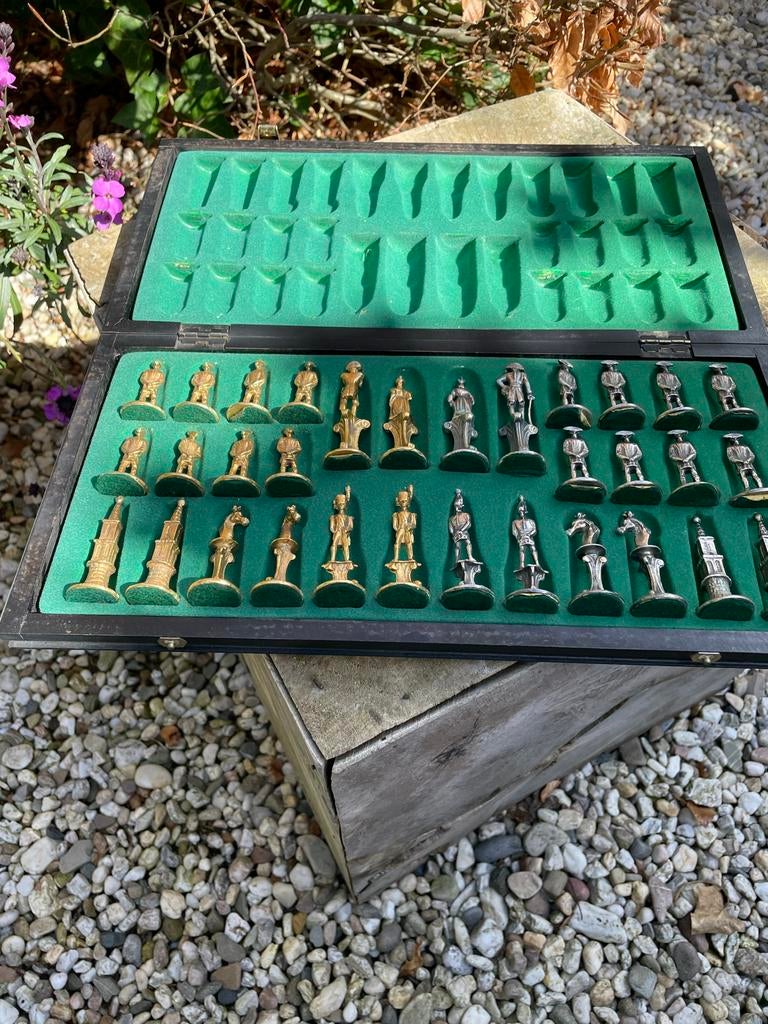 Prachtig tinnen schaakspel in houten kist, Ophalen, Gebruikt, Schaken