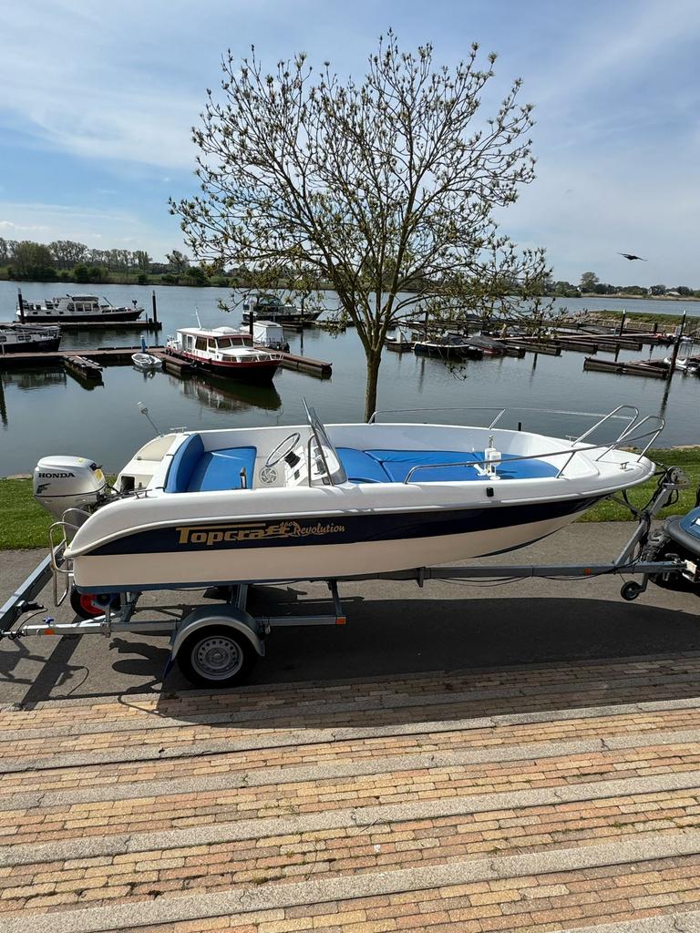 Topcraft 460 revolution inc honda 20pk en trailer!, Watersport en Boten, 10 tot 30 pk, 6 meter of meer, Ophalen of Verzenden, Zo goed als nieuw