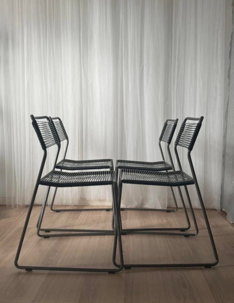 Set van 4: Industriële Merkel Spaghetti stoelen, zwart, Gebruikt, Zwart, Ophalen of Verzenden, Vier