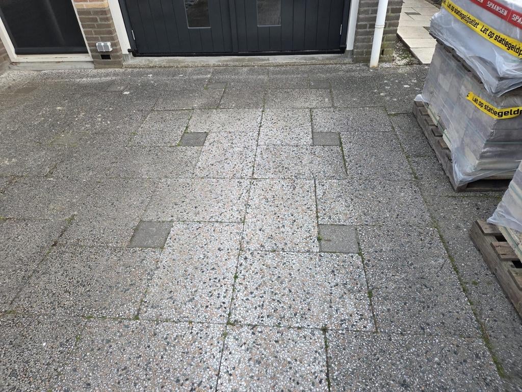 32 m2 grindgewassen tegels 40x60x5 cm, Tuin en Terras, Ophalen, Gebruikt, Beton, Terrastegels