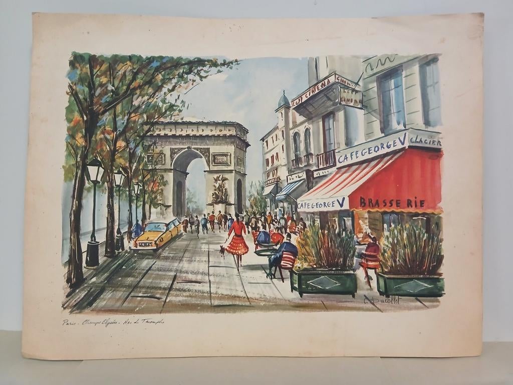 Lithografie/aquarel Parijs, Champs-Élysées - Claude Ducollet, Antiek en Kunst, 1950 - 1999, Stadsgezicht, Ophalen of Verzenden