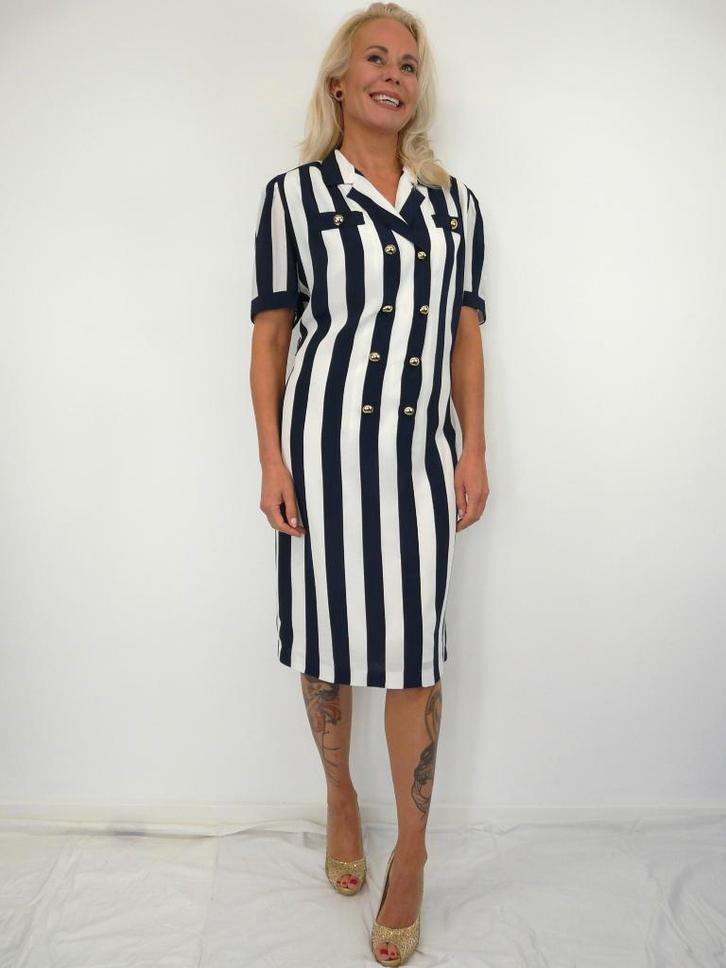 *Abfab Vintage Gestreepte Jurk 44*, Kleding | Dames, Jurken, Zo goed als nieuw, Maat 42/44 (L), Blauw, Knielengte, Ophalen of Verzenden