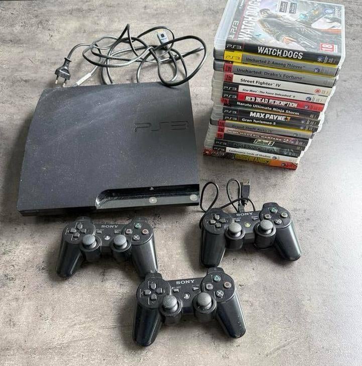 PlayStation 3 met 3 controllers en 15 games, Ophalen, Gebruikt, Met 2 controllers, Slim
