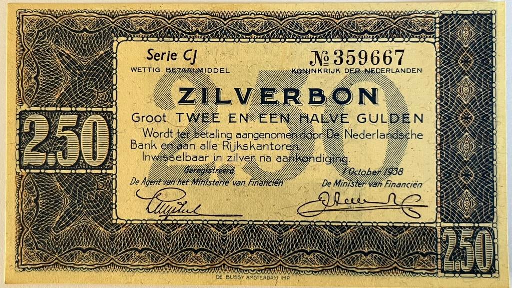 2,5 gulden 1938 UNC, Postzegels en Munten, Bankbiljetten | Nederland, Ophalen of Verzenden, Los biljet