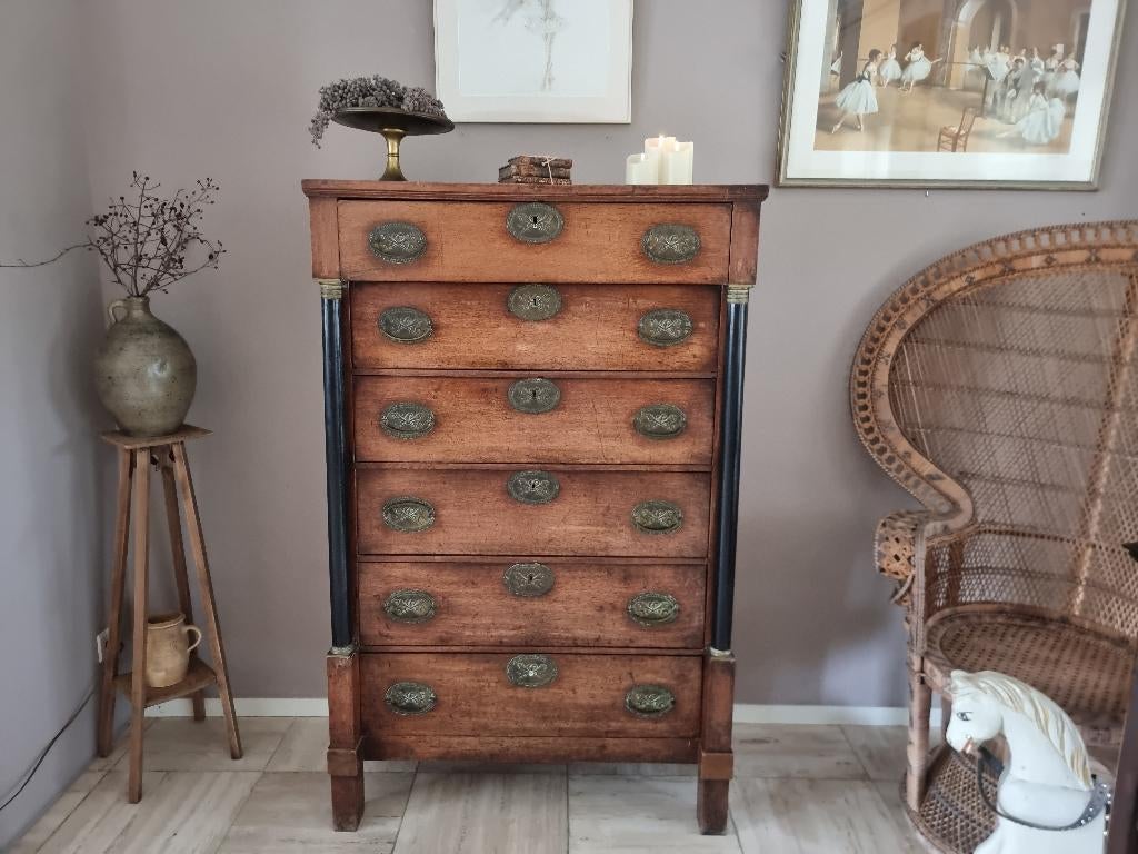 Antieke ladekast commode empire stijl massief hout 6 laden, Antiek en Kunst, Ophalen