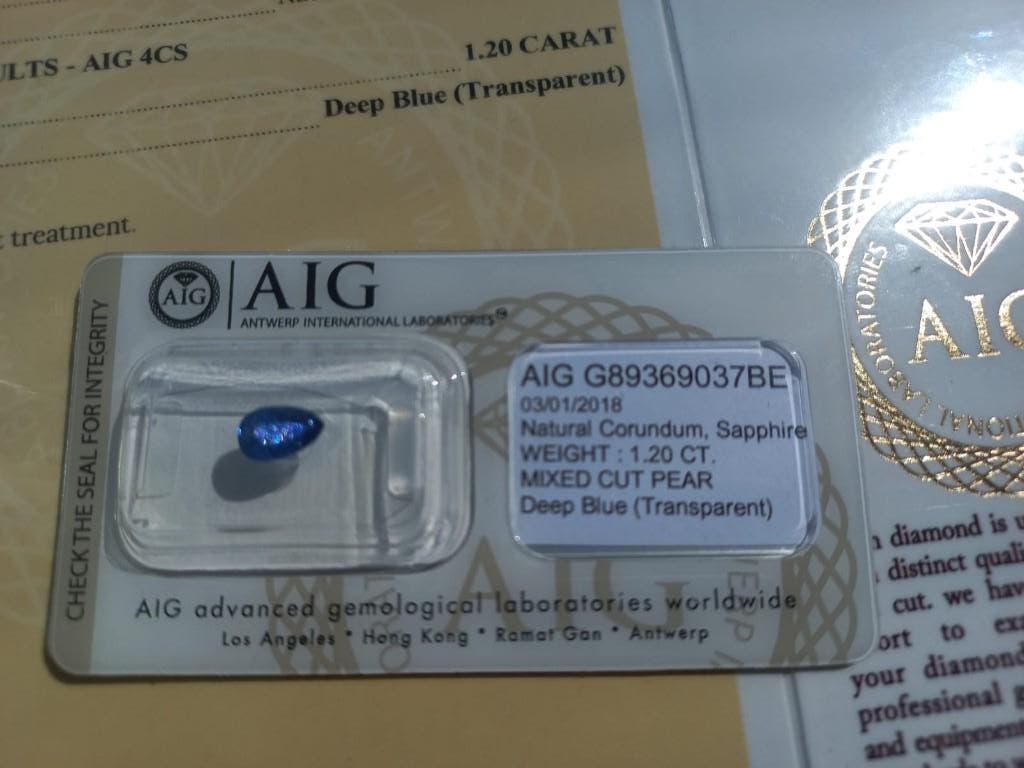 Natuurlijke Blauwe Saffier (1.20 ct) met AIG-certificaat, Ophalen of Verzenden, Nieuw