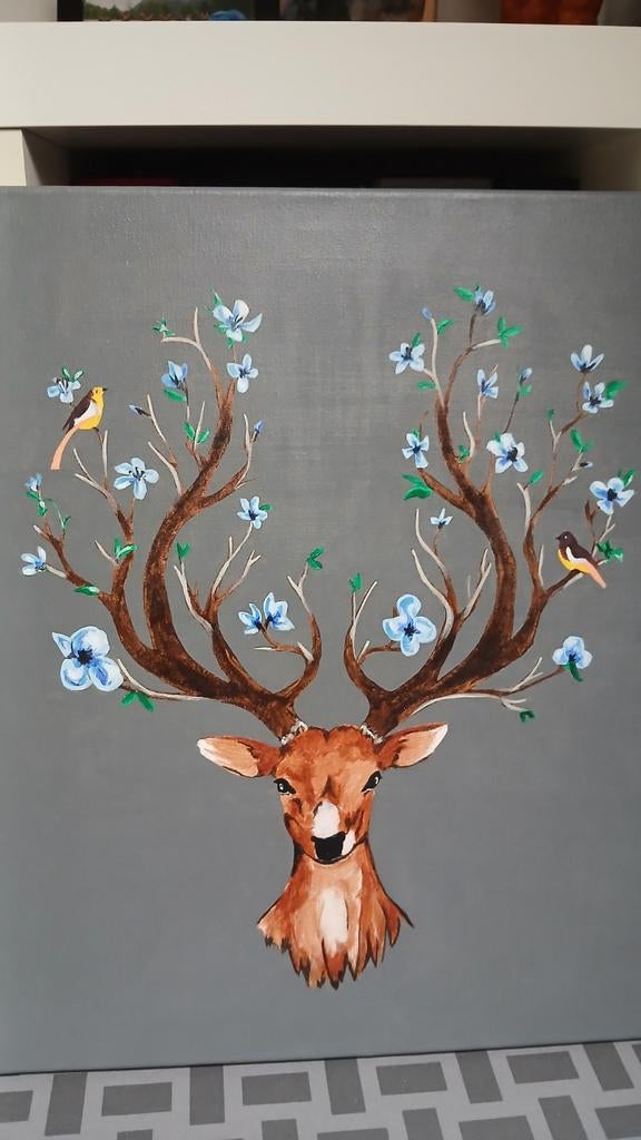 Schilderij met hert en vogels, Ophalen of Verzenden