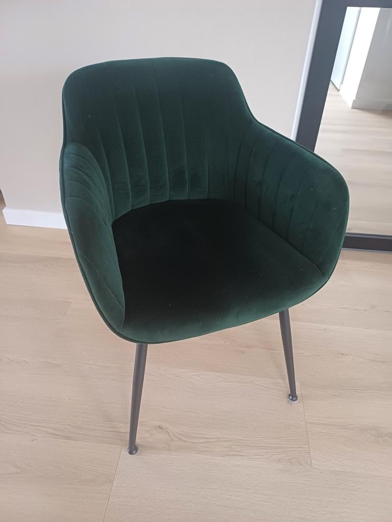 5 Groene fluwelen eetkamerstoelen, Huis en Inrichting, Stoelen, Ophalen, Overige kleuren, Zo goed als nieuw, Stof