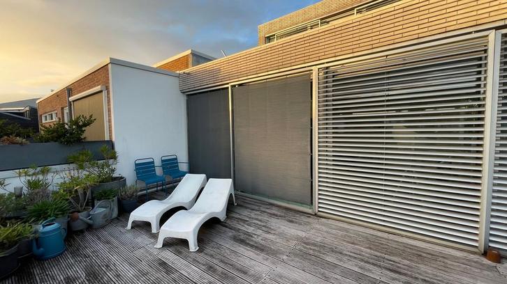 2 schuivende zonneschermen plus rail, Tuin en Terras, Schaduwdoeken, Gebruikt, Ophalen