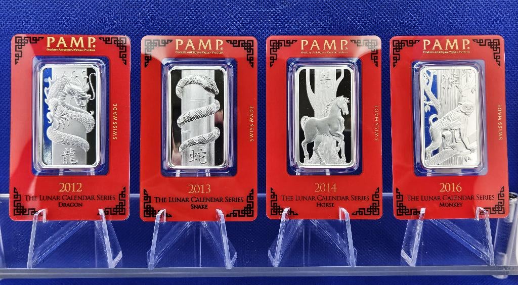(A404 ) TOPPERS  BAARTJES PAMP SUISSE  4X LUNARS  ONE OUNCE, Ophalen of Verzenden, Zilver