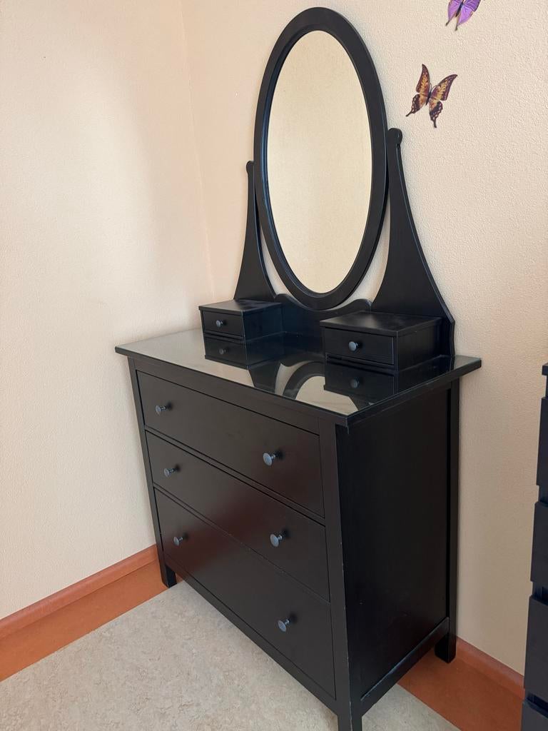 Kaptafel met spiegel, glasplaat en lades - donker bruin, Ophalen, Gebruikt, 100 tot 150 cm, 50 tot 100 cm