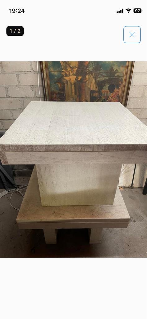 Set van 2 teak houten bijzettafels, wit geverfd, Huis en Inrichting, Tafels | Bijzettafels, Gebruikt, Vierkant, 55 tot 75 cm, Hout