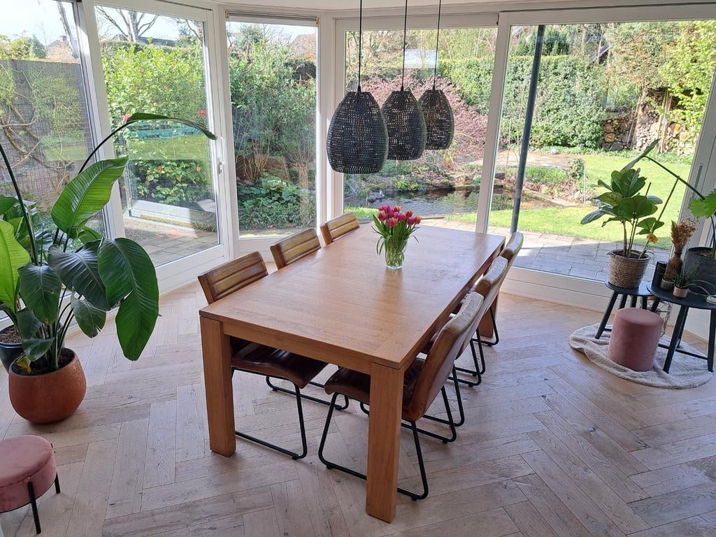 Teakhouten tafel met 6 leren stoelen, Huis en Inrichting, Complete eetkamers, Ophalen, Gebruikt, 4 tot 6 stoelen