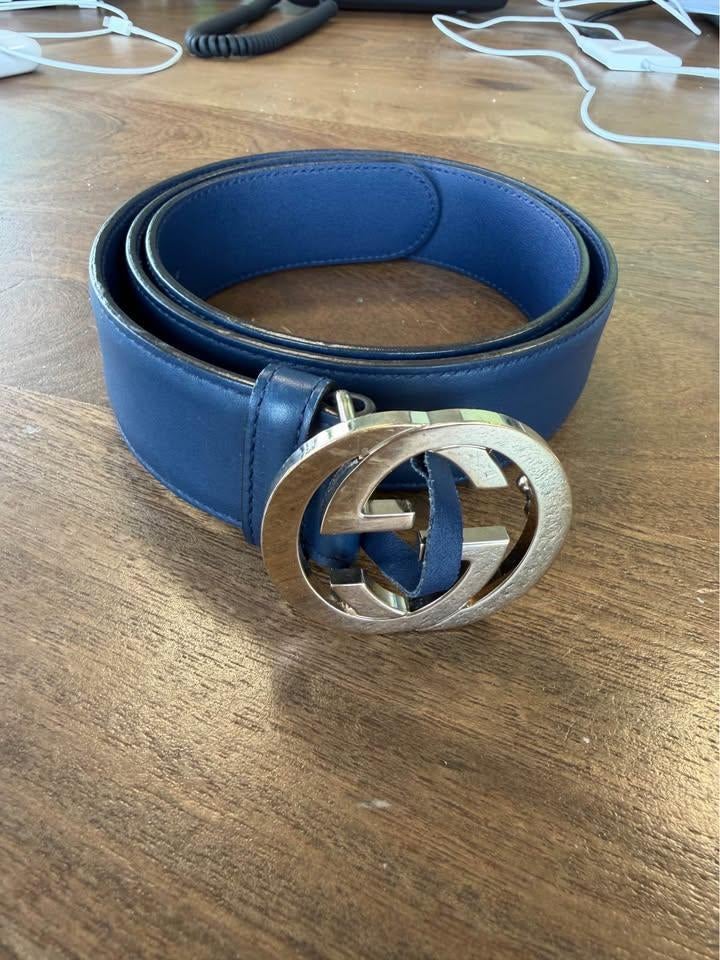 Gucci Interlocking G dames Riem – Blauw/Goud – Maat 85, 3 tot 5 cm, Echt leder, Ophalen of Verzenden, Overige kleuren