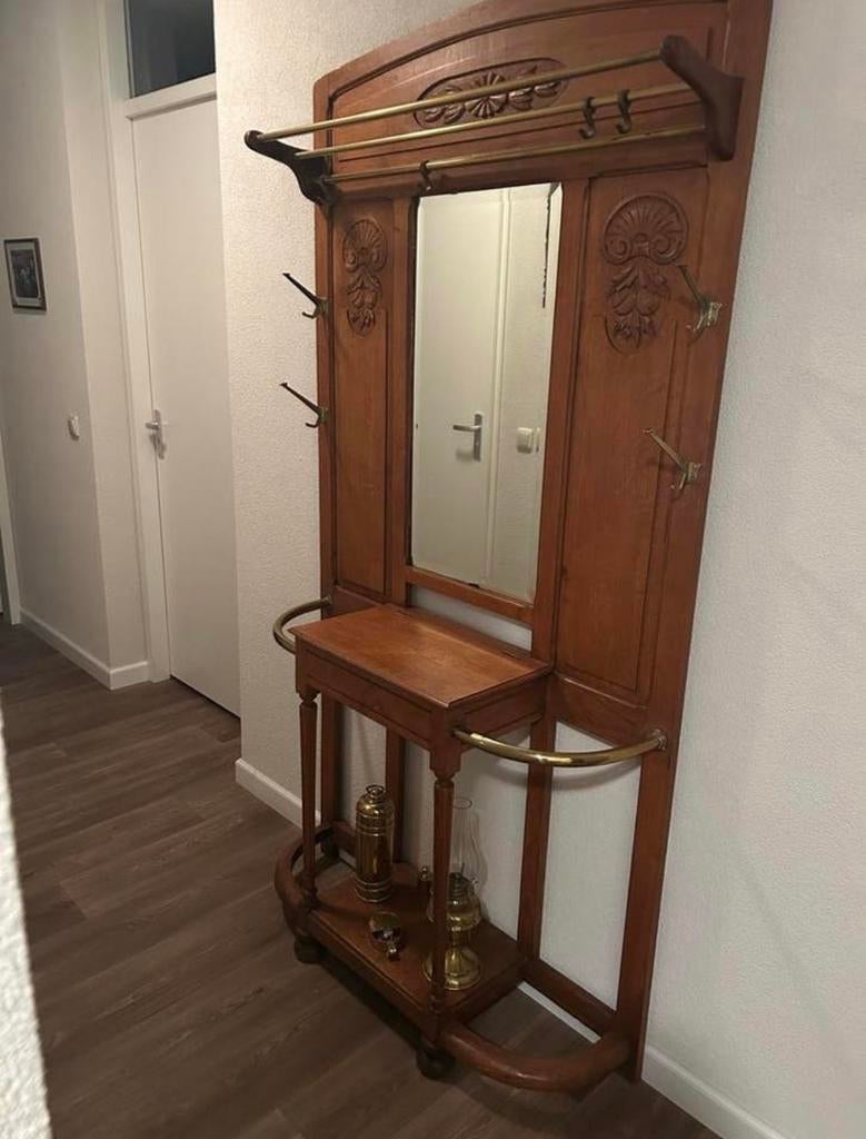 Antieke houten halkast met spiegel en kapstok en messing, Gebruikt, 200 cm of meer, Overige typen, Ophalen of Verzenden