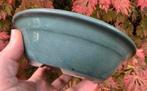 Bonsai schaal rond groen-blauw geglazuurd Japans 17,9x5,1, Gebruikt, Rond, Ophalen of Verzenden, Aardewerk