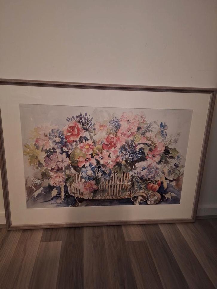 Schilderij: Prachtige Bloemschikking in Mand, Antiek en Kunst, Kunst | Schilderijen | Klassiek, Ophalen