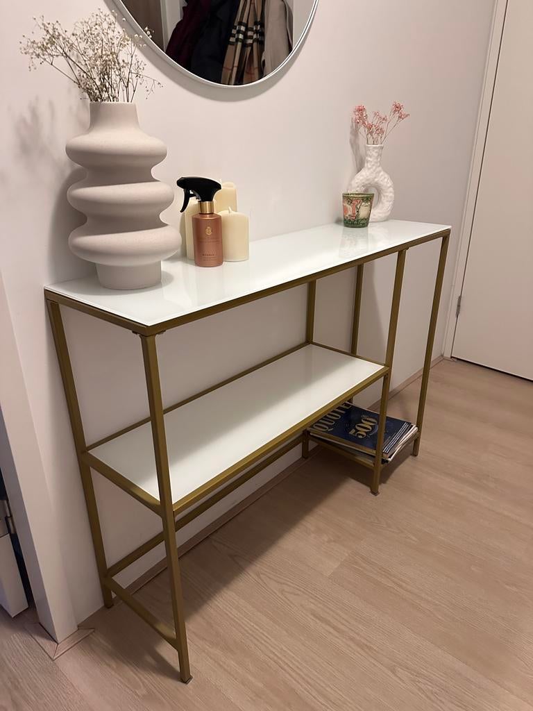 Chique dressoir kastje - Hal goud met wit glas, Ophalen, 100 tot 150 cm, Nieuw, Glas