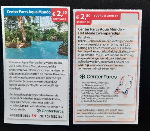 Center Parcs Aqua Mundo, €2,50 korting p.p, Tickets en Kaartjes, Kortingen en Cadeaubonnen