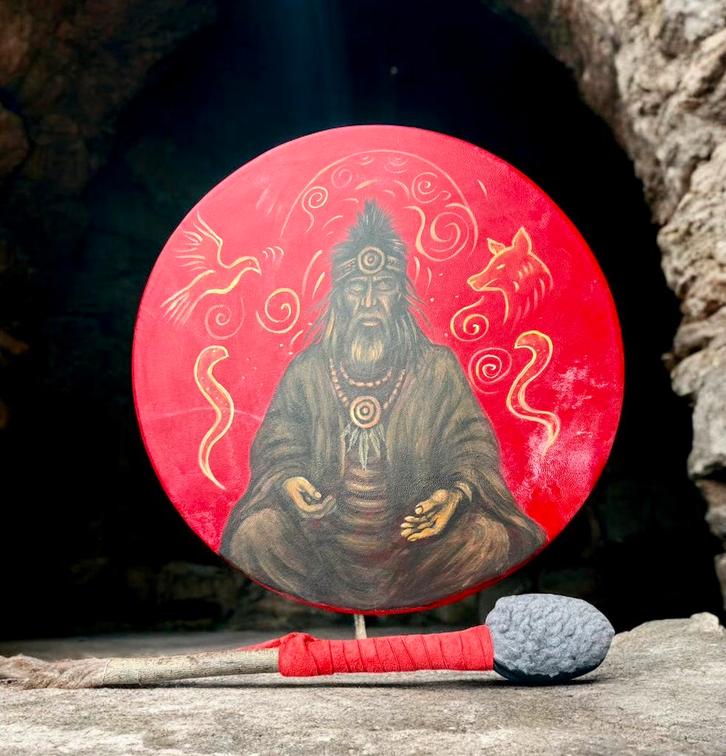 36 cm Sjamanendrum “Sjamaan” Waterbuffel in 1e chakra, Muziek en Instrumenten, Percussie, Zo goed als nieuw, Trommel, Verzenden