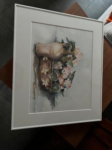 Een ingelijste Aquareltekening “Mand bloemen met Kruik” beschikbaar voor biedingen
