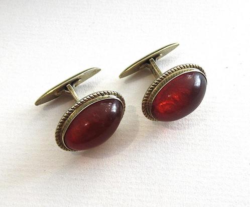 Vintage zilveren 875 manchetknopen met Baltisch Amber, '60., Sieraden, Tassen en Uiterlijk, Manchetknopen, Zilver, Verguld, Ophalen of Verzenden