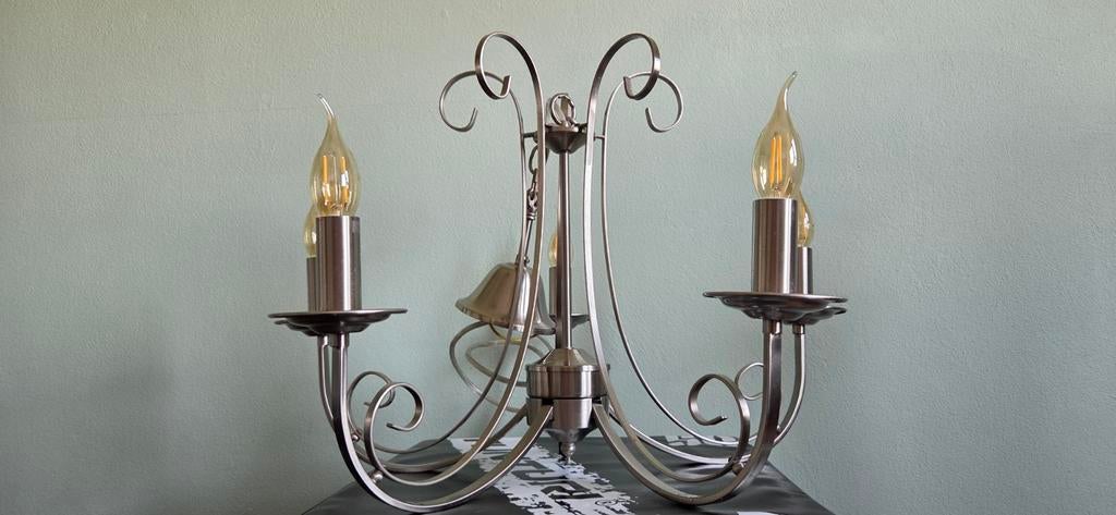 Metalen kroonluchter met 5 lampen van de Kwantum, Ophalen, Gebruikt, Metaal, Modern