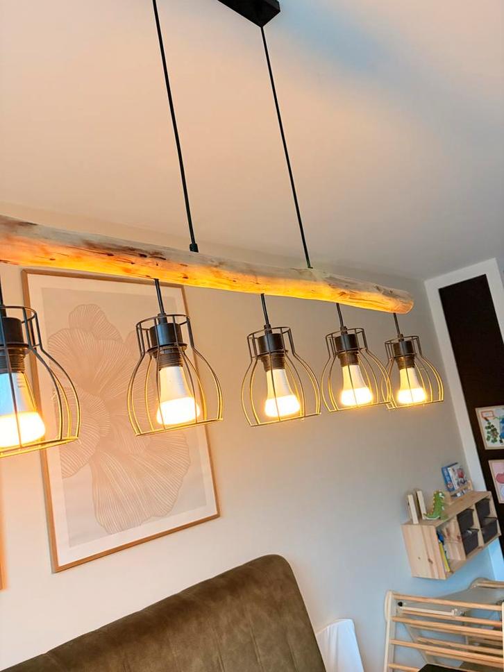 Industriële Hanglamp met Houten Balk, Huis en Inrichting, Lampen | Hanglampen, Zo goed als nieuw, 75 cm of meer, Hout, Ophalen