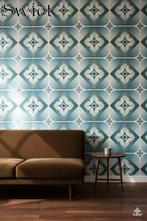 6802 Vintage behang blauw grafisch vierkant motief 70s swiet, Huis en Inrichting, Stoffering | Behang, Ophalen of Verzenden, Minder dan 10 m²