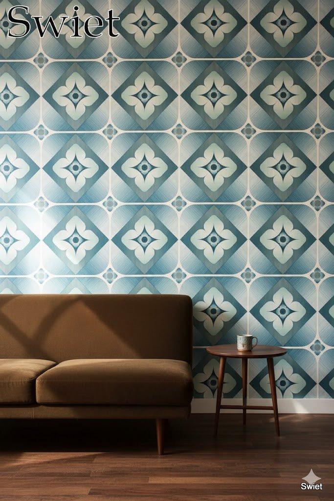 6802 Vintage behang blauw grafisch vierkant motief 70s swiet, Huis en Inrichting, Stoffering | Behang, Blauw, minder dan 10 m²