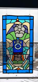 Glas in lood raam met trein - 27x50 cm, Antiek en Kunst, Antiek | Glas en Kristal, Ophalen