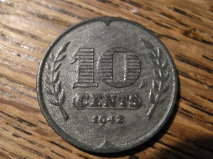 Oorlogsgeld WW2, zink Dubbeltje 1942, Duitse bezetting #607, Postzegels en Munten, Munten | Nederland, Losse munt, 10 cent, Koningin Wilhelmina