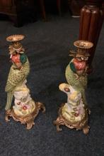 Porseleinen kandelaren papegaai met bronzen ornamenten, Ophalen, Westeinde 326, Zo goed als nieuw, Info@jansenantiek.nl