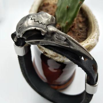 Zwarte Odin Leren Heren Armband / Viking Schedel Raaf beschikbaar voor biedingen
